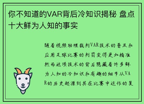 你不知道的VAR背后冷知识揭秘 盘点十大鲜为人知的事实