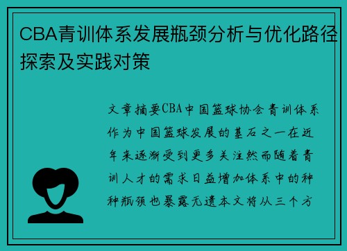 CBA青训体系发展瓶颈分析与优化路径探索及实践对策 CBA青训体系发展瓶颈分析与优化路径探索及实践对策